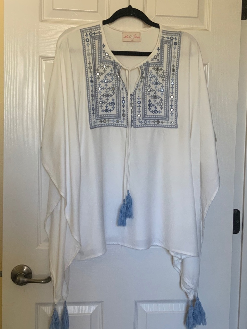 Miss June Kaftan in White with Blue Embroidery Coastal/Beach/Vacation